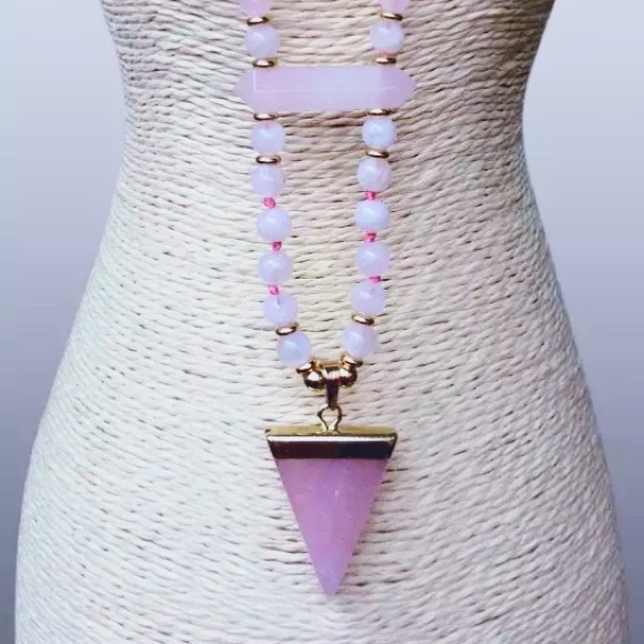 Handmade Rose Quartz Gemstone Necklace | 30â Hand Knotted Necklace With Triangle